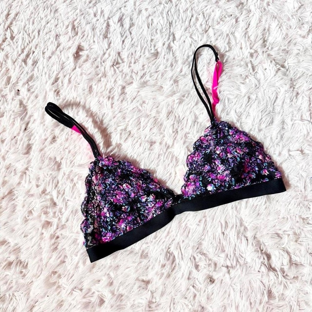PINK Victorias Secret Floral Lace Overlay Colorful Vivid Bralette Womens S Retro